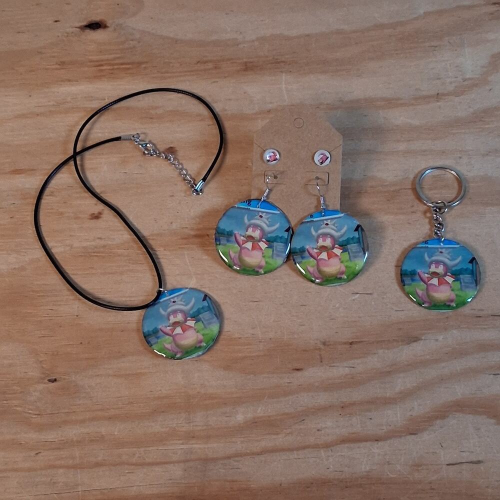 Handmade Slowking Jewelry Set Earrings Necklace Keychain Set Round Resin Card